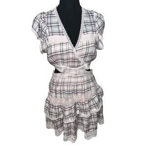 Reset, Women's Pink Blue Plaid Lace Trim Cut Out Tiered Ruffle‎ Mini Dress Small
